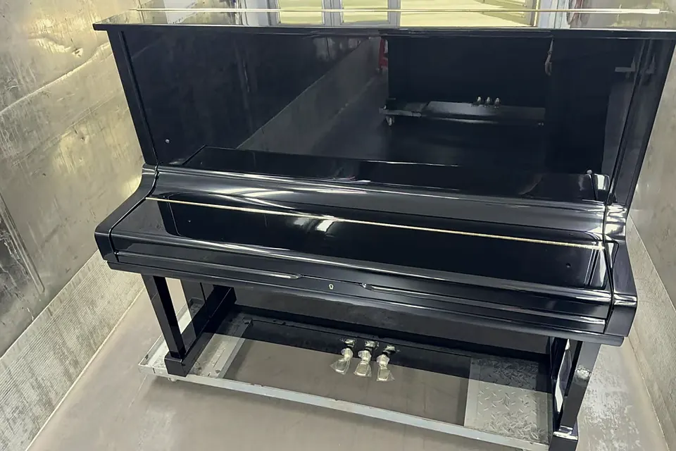 Yamaha U3H upright piano from the front, lid closed